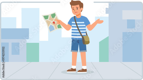 Man standing in city with map in hand looking confused outdoors
