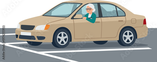 An elderly woman drives a tan car in a parking lot space.