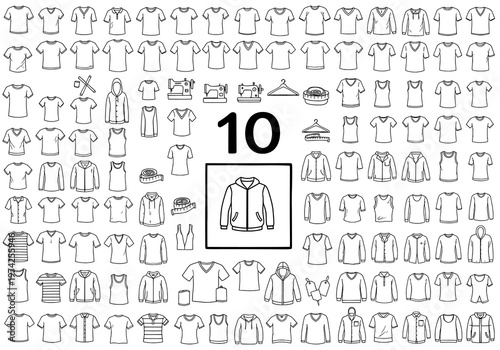 Extensive Collection of Outline Clothing Apparel Icons and Sewing Elements