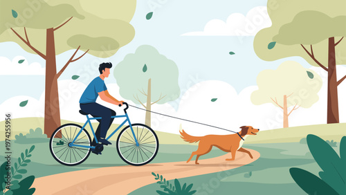 Active man rides a blue bicycle while walking his dog on a leash through a beautiful park with trees and falling leaves.