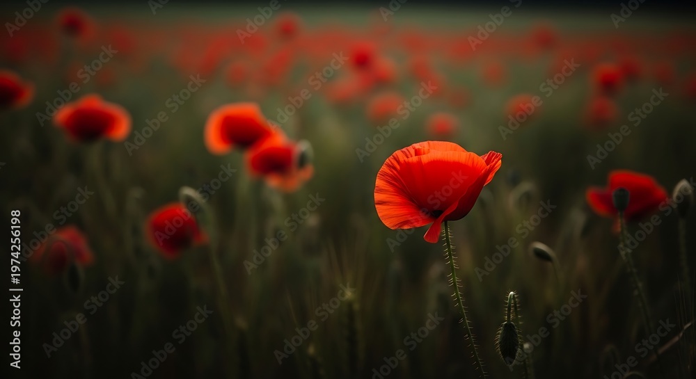 Fototapeta premium Vibrant red poppies in a field a close up floral portrait