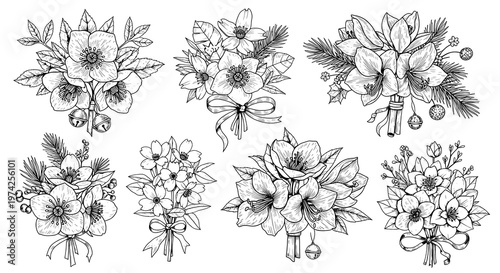 A Collection of Hand-Drawn Black and White Christmas and Winter Floral Bouquets