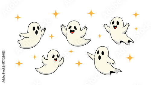 Group of cheerful little ghosts float and dance among bright yellow stars in a playful Halloween themed illustration.