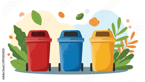 Set of three recycling bins in red, blue, and yellow colors are surrounded by green leaves to promote eco friendliness.