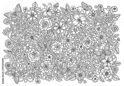 Intricate Black and White Floral Pattern with Butterflies for Coloring
