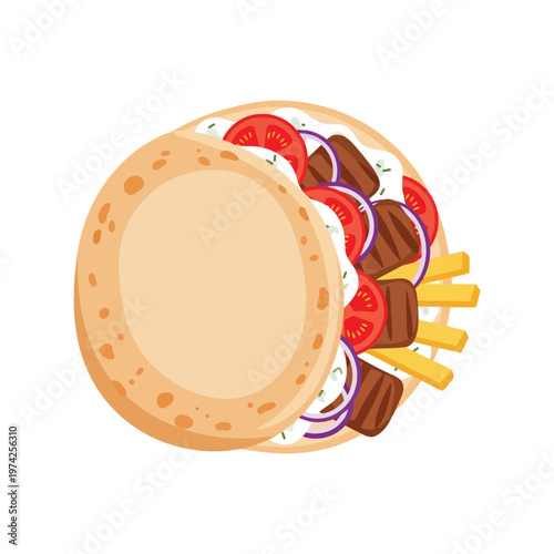 Greek gyros pita sandwich with meat, vegetables, and fries isolated on white vector illustration