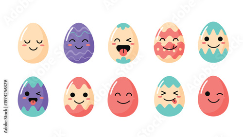 Set of colorful decorated Easter eggs featuring various cute facial expressions and bright patterns on a white background.
