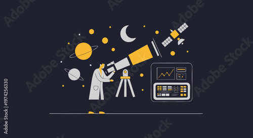 Astronomer Observing Celestial Bodies Through a Telescope in Space.