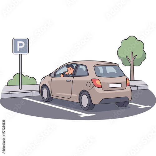 A cartoon car parks beside a tree and a parking sign on a city street.