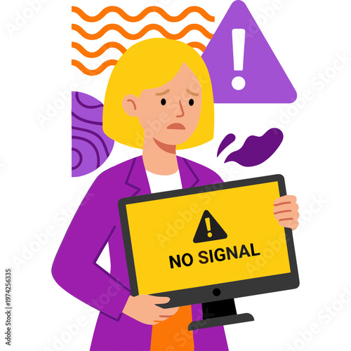 A frustrated woman holds a computer monitor displaying a no signal warning in a worried expression.