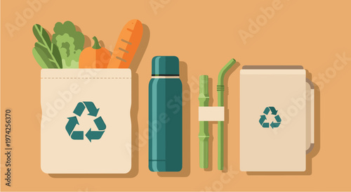 An eco-friendly collection of reusable items including a grocery bag, water bottle, bamboo straws, and coffee cup, promoting sustainable living and waste reduction.