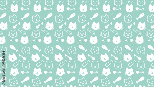Cute cats and fish float gently on mint green background. White silhouettes create a playful, repeating pattern. Soft pastel tones evoke calm and joy. Ideal for children's books, stationery