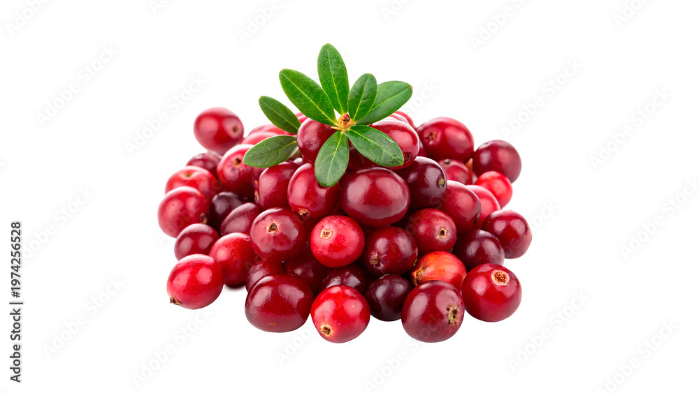 Obraz premium Fresh cranberries stacked with green leaves on top isolated on transparent background