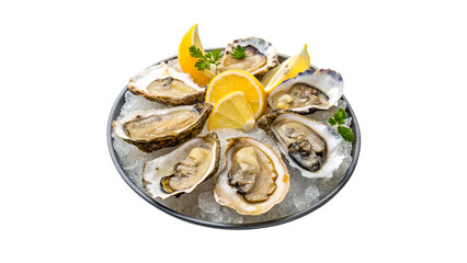 Fresh oysters served on ice with lemon slices and garnish isolated on transparent background
