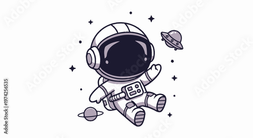 Cartoon Astronaut Floating in Space with Planets and Stars.