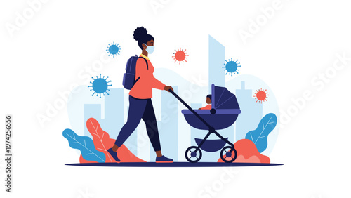 African American woman wearing a face mask and backpack while pushing a baby stroller through a city during a pandemic.