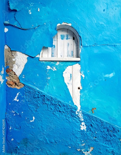 A vibrant image showcases a weathered blue building facade with a small arched window. Peeling paint reveals brick underneath