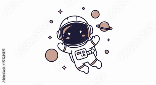 Cute Cartoon Astronaut Floating in Space with Planets and Stars.
