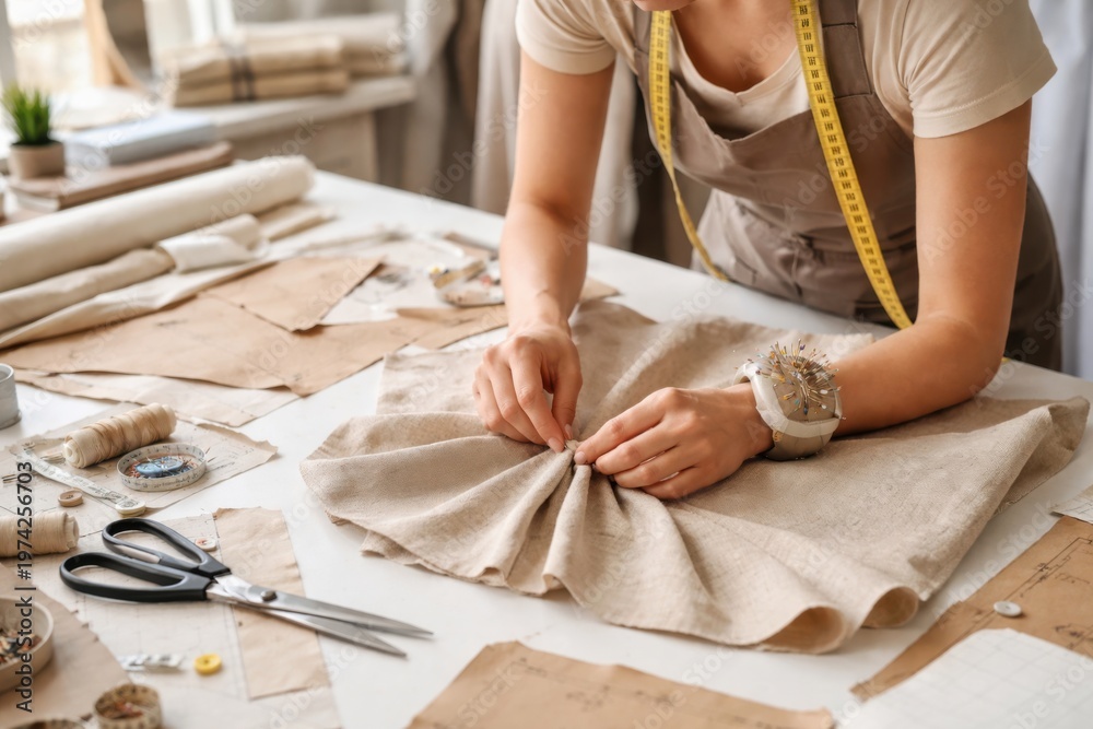 Obraz premium Designer pinning linen fabric on studio table with patterns and tools, showing garment construction, fashion development and tailoring workflow