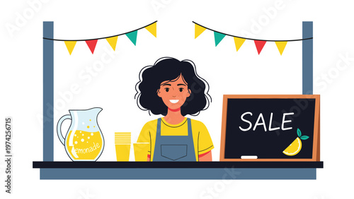 Smiling young woman with curly hair standing at a lemonade stall with a sale sign and festive colorful bunting flags.