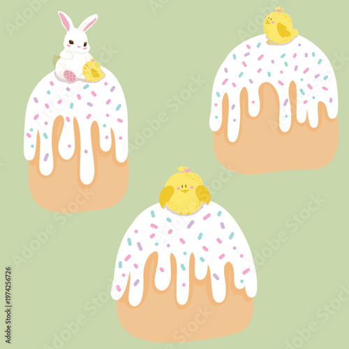 Cute Easter cakes with rabbit and chicks illustration. Decorated with bunny and chick in cute playful style. Soft color palette on light background. Suitable for holiday design, greeting cards and etc