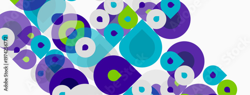 Abstract circles overlap, creating vibrant patterns. Purple, teal, lime hues dominate composition. Modern design element.