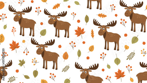 Seamless pattern featuring cute cartoon moose characters walking among autumn leaves and small orange berries on white.