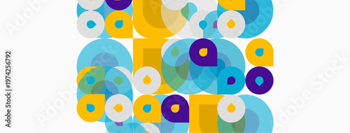 Colorful overlapping circles create abstract pattern. Yellow, blue, purple hues dominate composition. Simple geometric shapes present modern aesthetic.