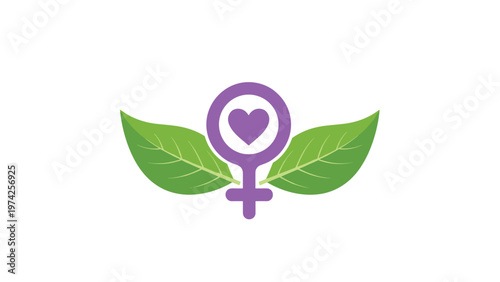 Purple female gender symbol featuring a heart in the center and green leaves on both sides on a white background.