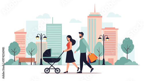 Happy couple walking with a baby stroller and colorful shopping bags in a modern city park with high rise buildings.