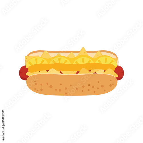 Hot Dog with Cheese and Pineapple Flat Style Vector Illustration Isolated on White Background