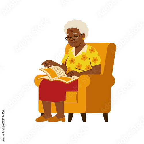An elderly woman sitting in an armchair reading a book indoors leisurely.