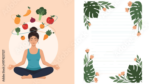 Woman meditating with healthy food icons floating around her head next to a floral patterned writing paper layout for wellness journaling.