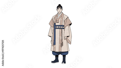 Full length illustration of a man wearing traditional Korean hanbok clothing with soft neutral colors on a plain white background for art.