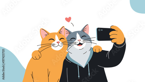 Cute orange cat and grey cat wearing a black hoodie taking a selfie together with a smartphone against a white background with a red heart.