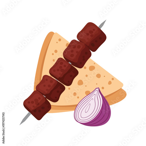 Greek souvlaki skewer with pita bread and onion vector illustration for menu design