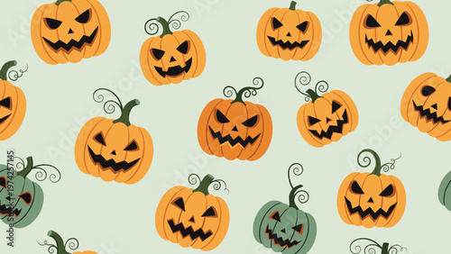 Seamless pattern design featuring various carved Halloween jack-o-lantern pumpkins in orange and muted green tones on a pale background.