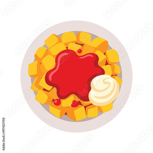 Belgian waffle with whipped cream and strawberry sauce breakfast food vector illustration