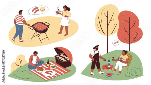 Vector image of a barbecue grill with meat and vegetables. Realistic texture, smoke, and flames. Isolated on a white background. For menus, advertisements, and websites.