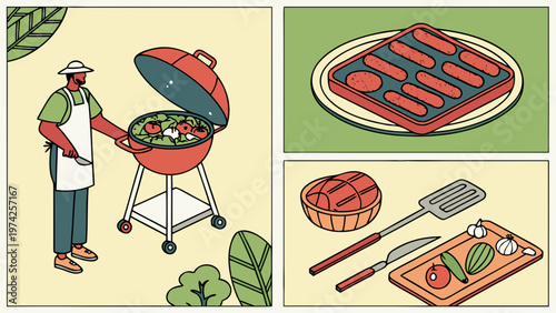 Vector image of a barbecue grill with meat and vegetables. Realistic texture, smoke, and flames. Isolated on a white background. For menus, advertisements, and websites.