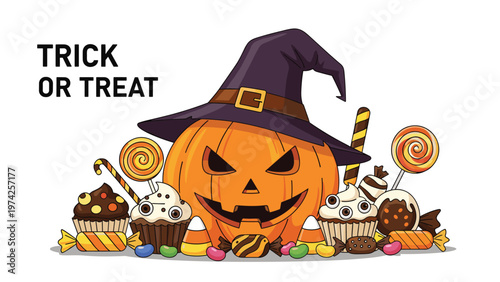 Spooky Halloween illustration with trick or treat text featuring a carved pumpkin wearing a witch hat surrounded by various sweet candies.
