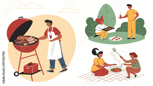 Vector image of a barbecue grill with meat and vegetables. Realistic texture, smoke, and flames. Isolated on a white background. For menus, advertisements, and websites.