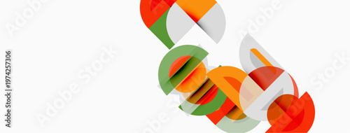 Abstract geometric shapes overlap, creating dynamic composition. Orange, green, gray tones dominate minimalist design. Clean lines, modern aesthetic.
