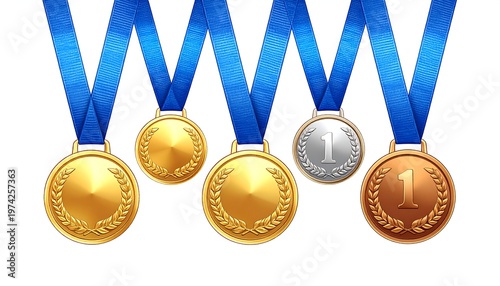 Five medals of varying metallic hues hang from blue ribbons against a white background, symbolizing achievement