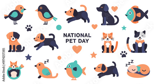 Collection of various cute pets including dogs, cats, birds, and fish for National Pet Day. Illustrations show animals in playful and relaxed poses with hearts and stars decorations.