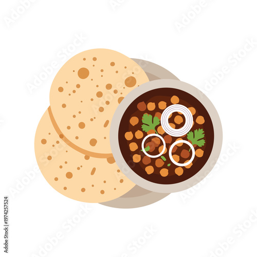 Indian food vector illustration with chickpea curry and roti flatbread on white background