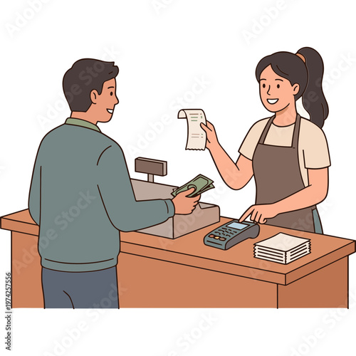 Man pays cash to smiling woman behind counter at store checkout