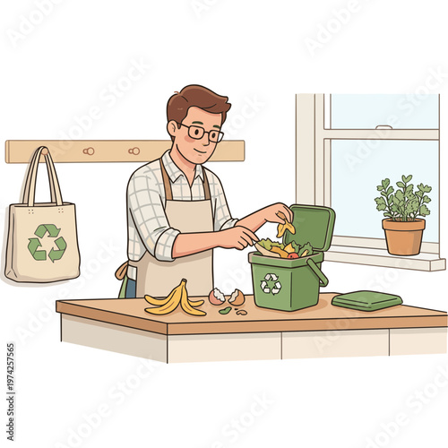 Man putting food waste into compost bin on kitchen counter near window