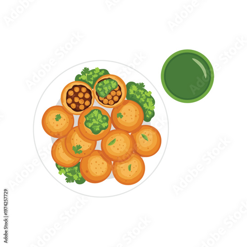 Indian street food pani puri vector illustration with chutney and herbs on white background