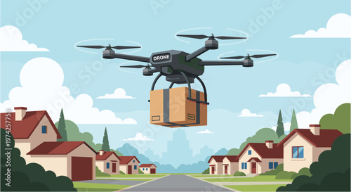An advanced delivery drone with a package flies over a suburban neighborhood, showcasing modern e-commerce and logistics solutions.
